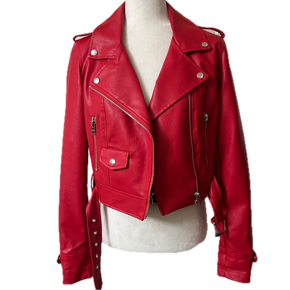Current Mood Born Sinner Moto Jacket red & black faux Leather small NWT - Picture 6 of 16